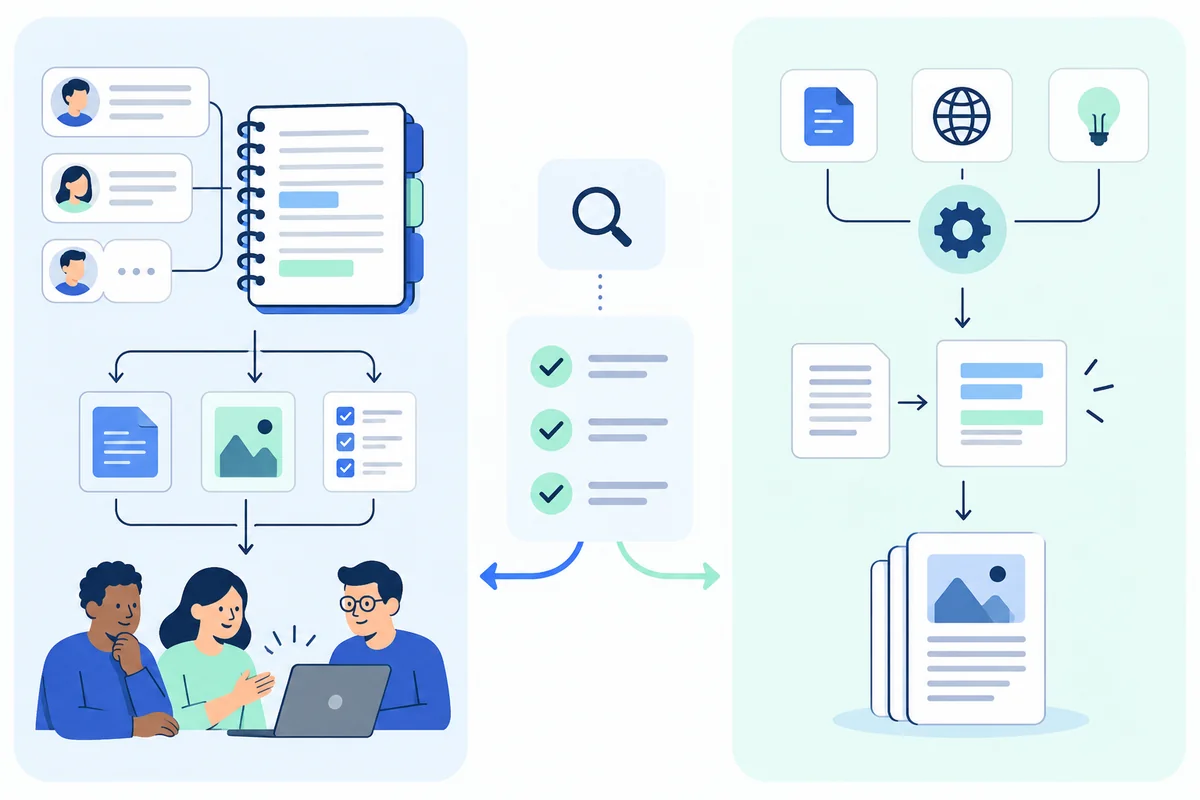 Relationship history and an assisted research pipeline represent different workflow needs.