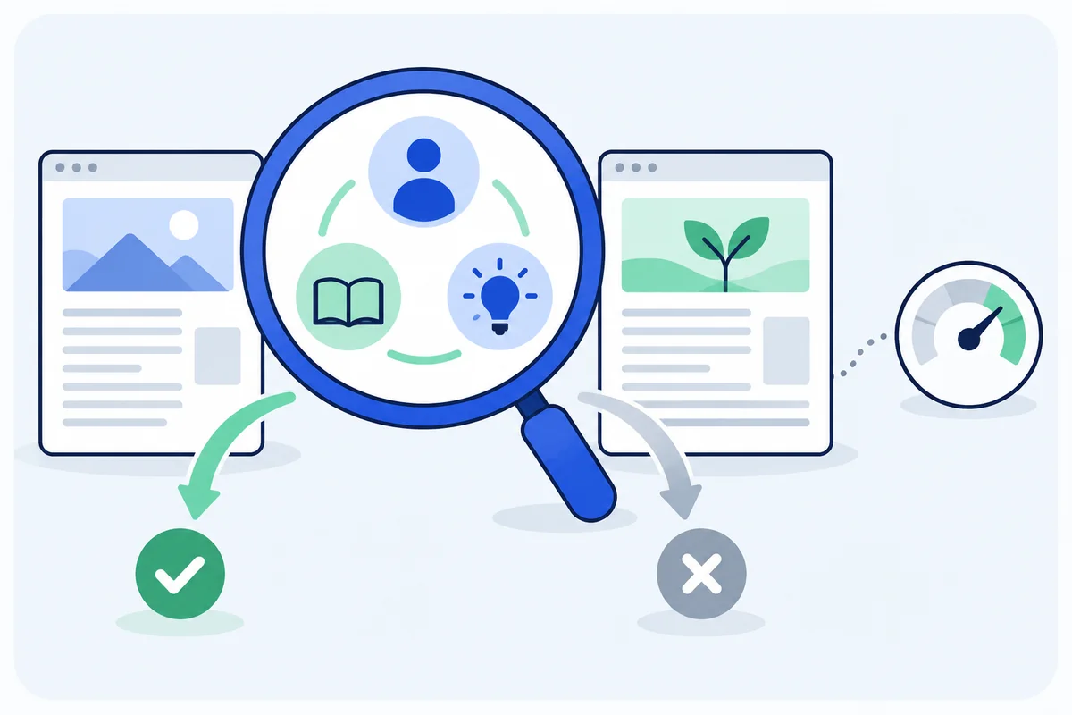Page relevance is inspected through reader, topic, and contribution, while a separate domain metric provides context.