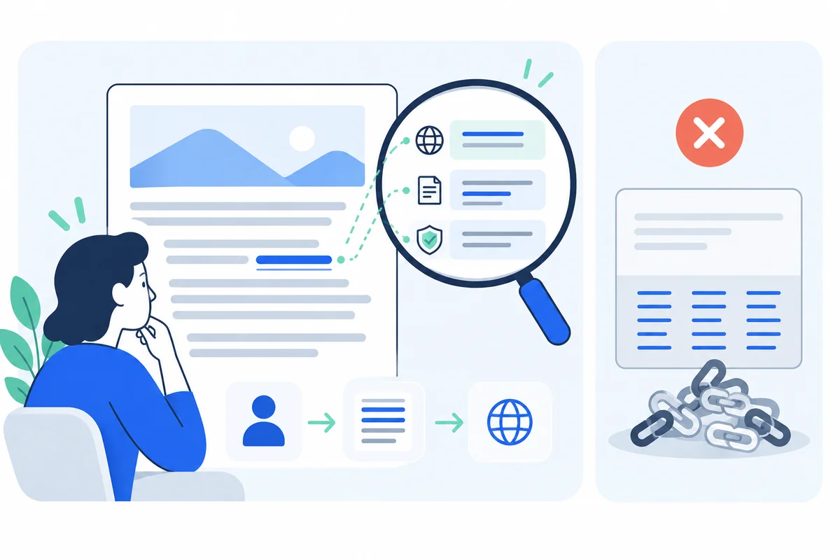A contextual reference is inspected for destination, explanation, and transparency; a disconnected link pile is excluded.