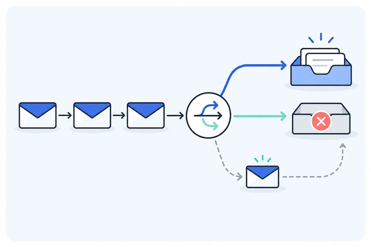 An email sequence branches into a conversation, a closed request, or a restrained reminder.