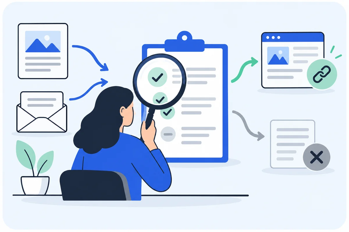 A reviewer inspects a proposed resource and draft before an editorial reference or a stop decision.
