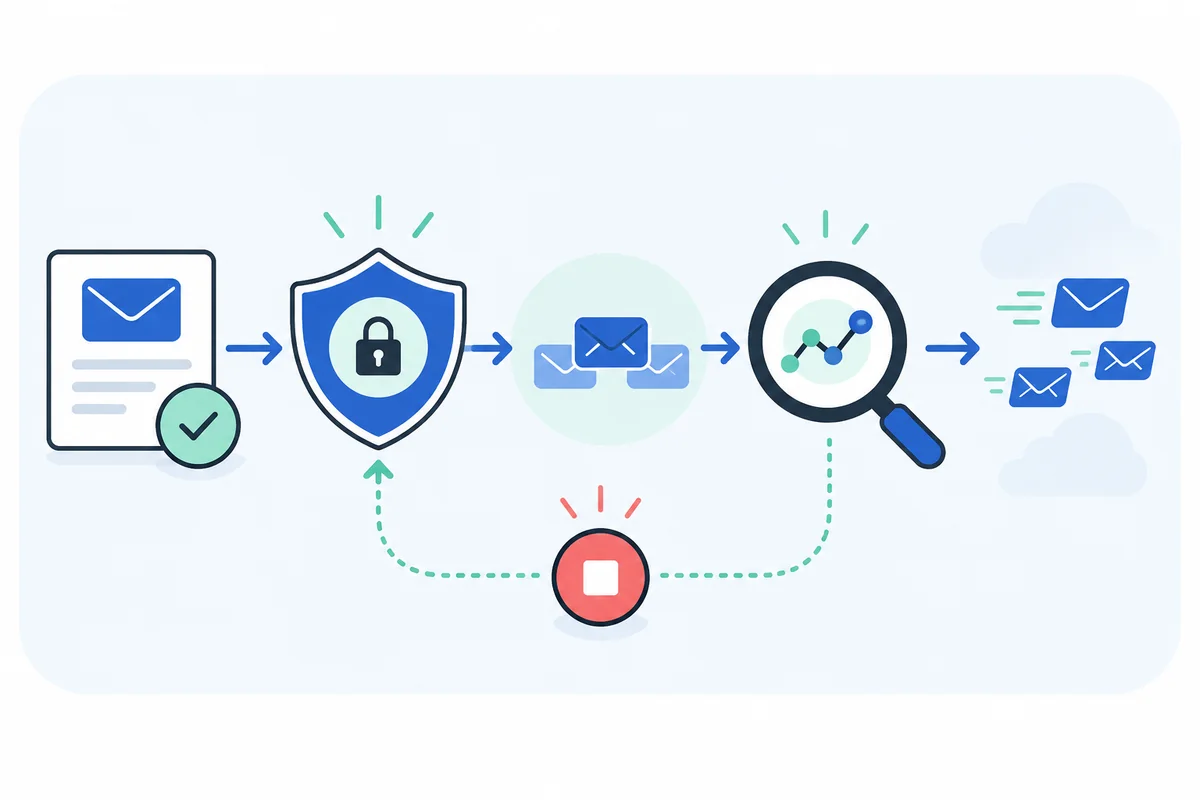 A sending route passes authentication, a controlled pilot, and monitoring, with a reachable stop control.