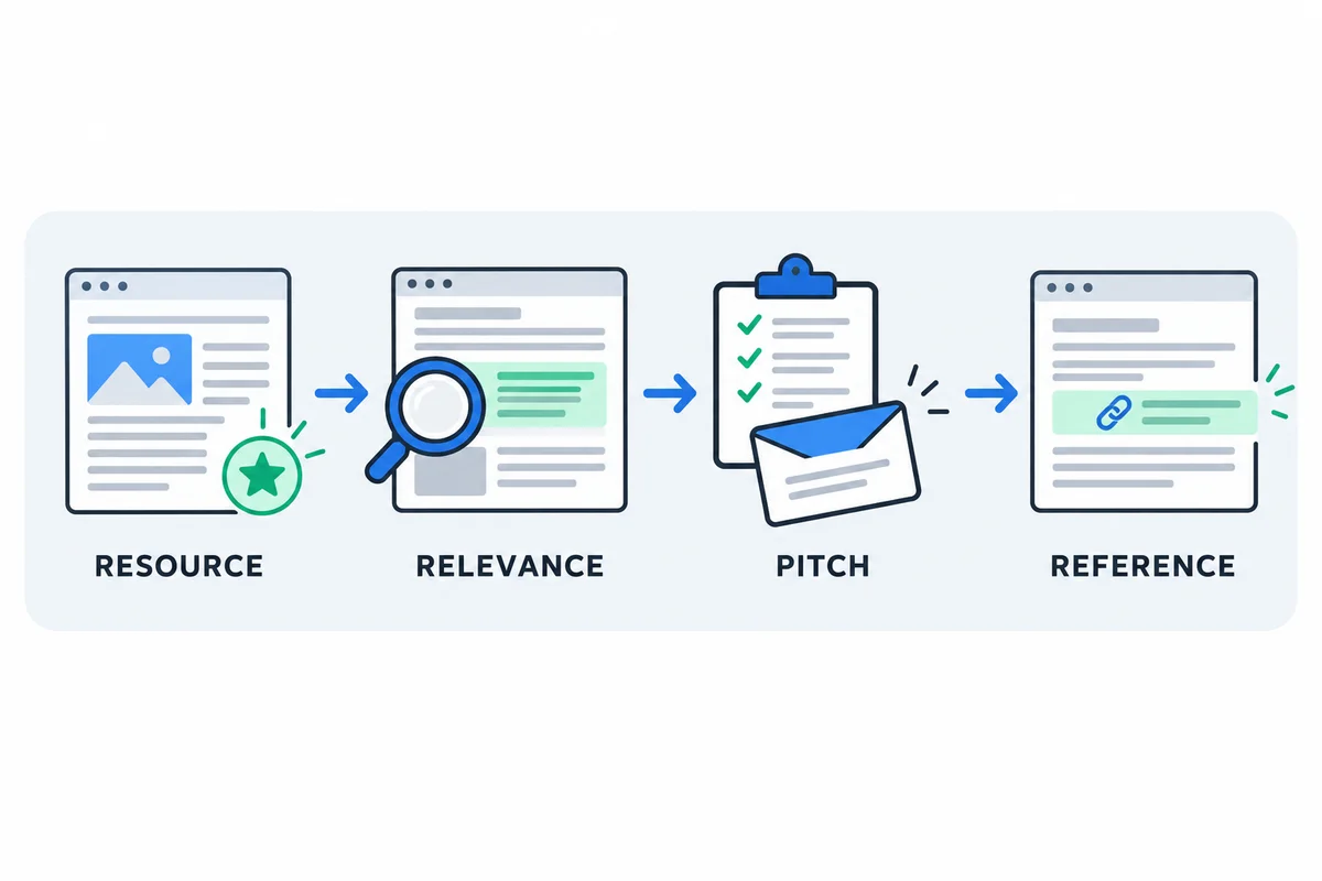 Outreach moves from a useful resource, through page relevance and an evidence-based pitch, to an editorial reference.